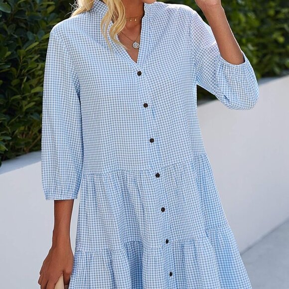 Women's Summer Dresses Casual V Neck Button Down 3/4 Sleeve Floral Print Loose F - Picture 6 of 6